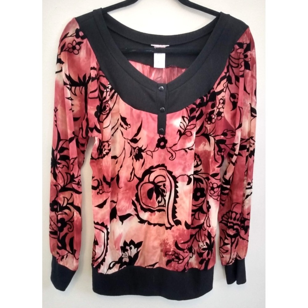 Vtg ARIA Whimsygoth Floral‎ Scoop Neck Blouse XL Black Velvet Burnout 90s Grunge